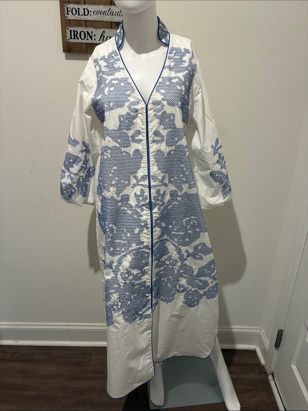 White Maxi Dress with Blue Floral Embroidery Detail